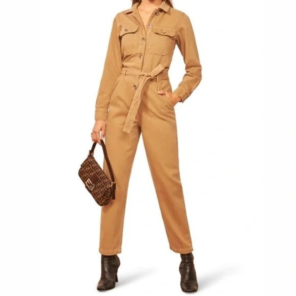 Reformation Jeans Kendall Jumpsuit‎ Desert Tan Utility Boiler Suit Womens 12